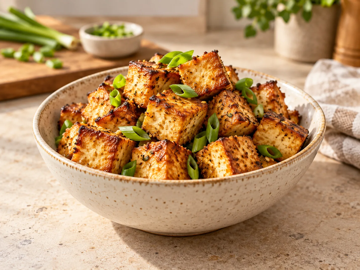 Illustration of golden air fryer tofu bites with crisp edges in a ceramic bowl